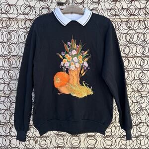 Vint. 90s Fall Harvest Cowboy Boot Cornucopia Floral granny collared sweatshirt